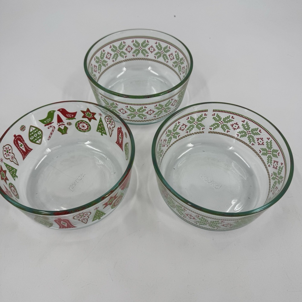 Pyrex 4 Cup CHRISTMAS Cross Stitch Sweater And Ornaments‎ Holiday Lot Of 3